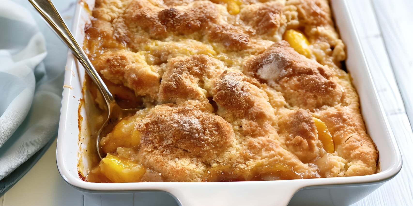 Golden-brown peach cobbler baked in a white rectangular dish, with a craggy biscuit-like topping and glossy peach filling bubbling up around the edges. A serving spoon rests in one corner, revealing soft peach slices beneath the crust.