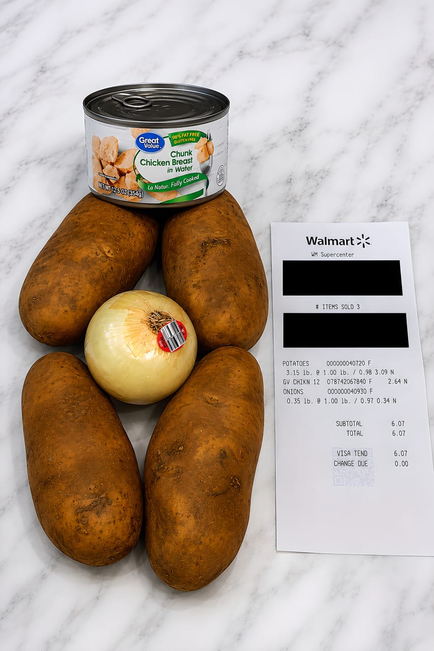 Four large russet potatoes and one yellow onion are arranged on a marble surface with a can of chunk chicken breast balanced on top and a Walmart receipt beside them, showing the low-cost ingredients for the chicken potato skillet.