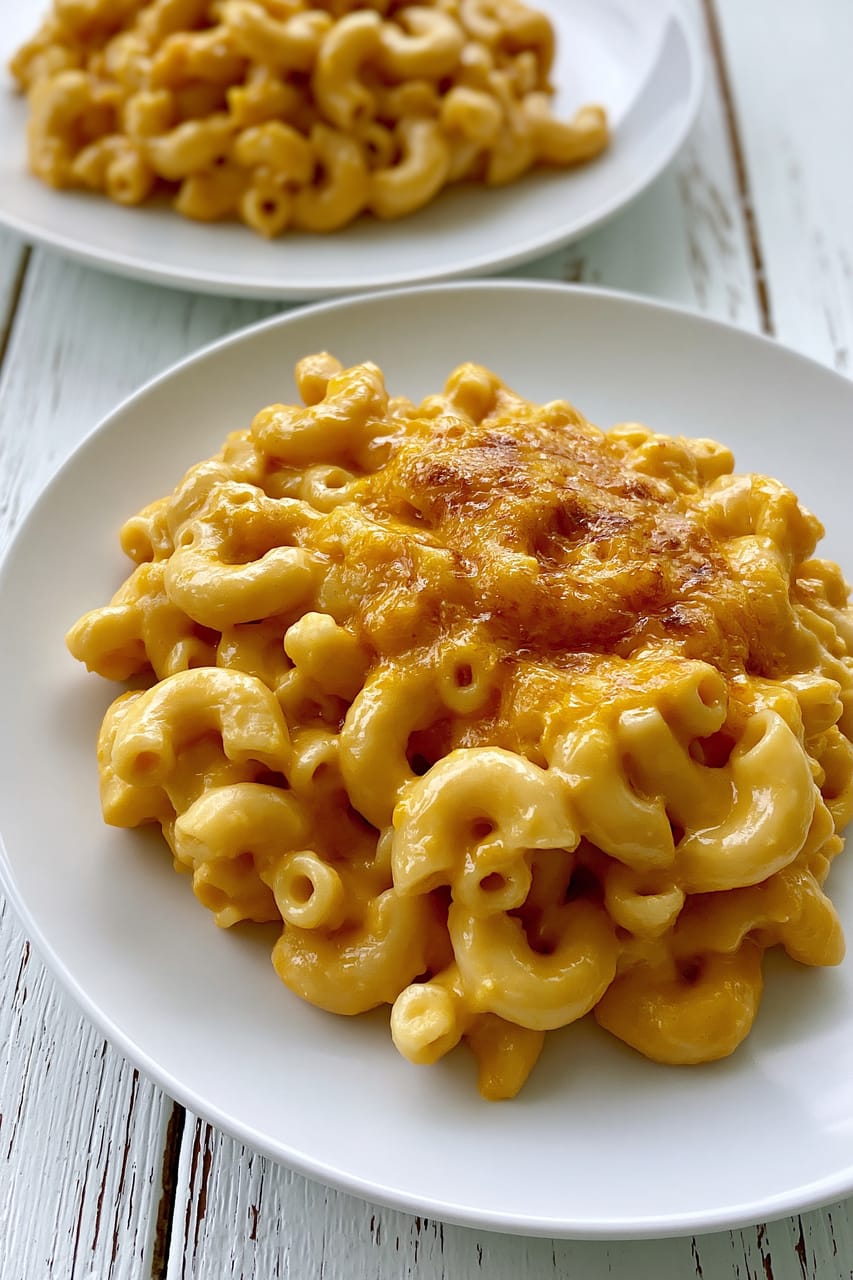 Two white plates of baked macaroni and cheese on a white wooden table, with the front plate in focus showing elbow pasta coated in a creamy orange cheese sauce and topped with lightly browned melted cheese.
