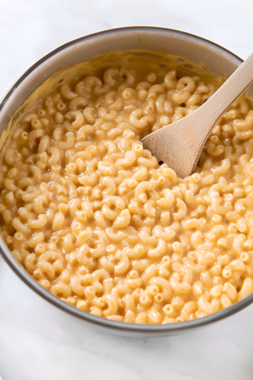 Creamy keto macaroni and cheese in a saucepan, with elbow pasta coated in a glossy orange cheese sauce and a wooden spoon stirring through the center.