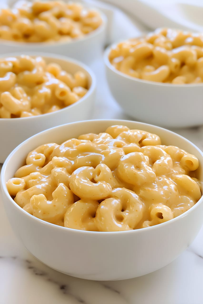 Four white bowls of creamy homemade macaroni and cheese on a light marble surface, with the front bowl in sharp focus showing glossy elbow pasta coated in a smooth cheddar-colored cheese sauce.