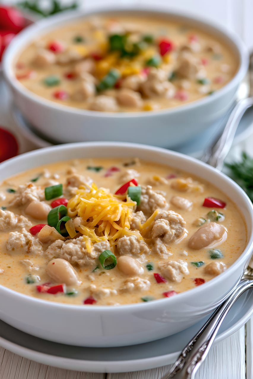 Two white bowls of creamy white chicken chili on a light table, with visible ground chicken, Great Northern beans, corn, and red and green chiles. The front bowl is topped with shredded cheese and sliced green onion, with spoons resting on the saucers.