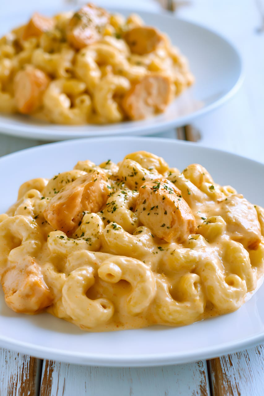 Two white plates of buffalo chicken mac and cheese on a light blue rustic table; the front plate is in focus, showing elbow macaroni in a thick creamy orange cheese sauce with bite-size chicken pieces and a sprinkle of dried herbs.