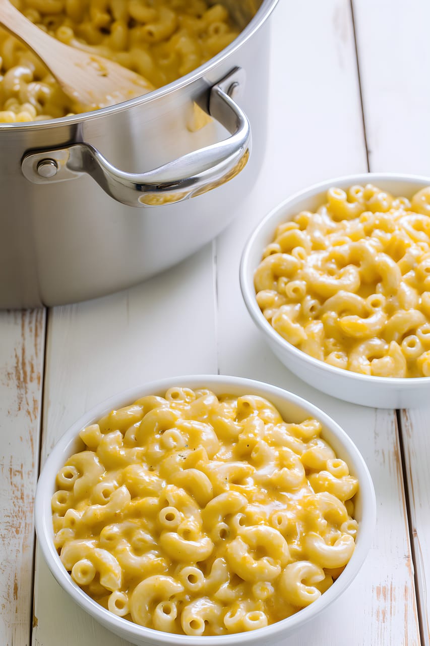 Two white bowls of creamy stovetop macaroni and cheese on a white wooden table, with a large stainless steel pot of more mac and cheese and a wooden spoon in the background.