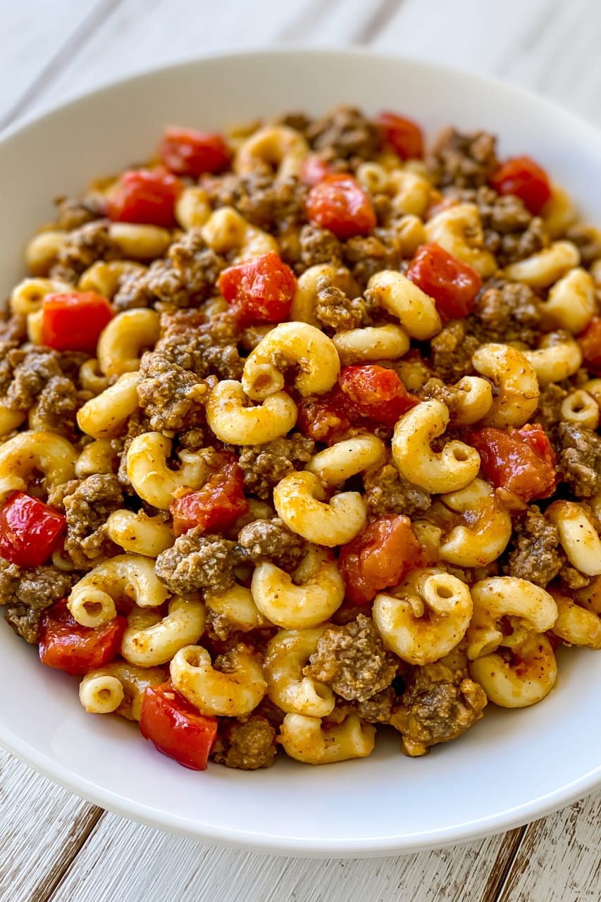 Close-up of taco mac and cheese in a white bowl: elbow macaroni mixed with browned ground beef and chunks of red tomatoes, lightly coated in a glossy orange cheese sauce.