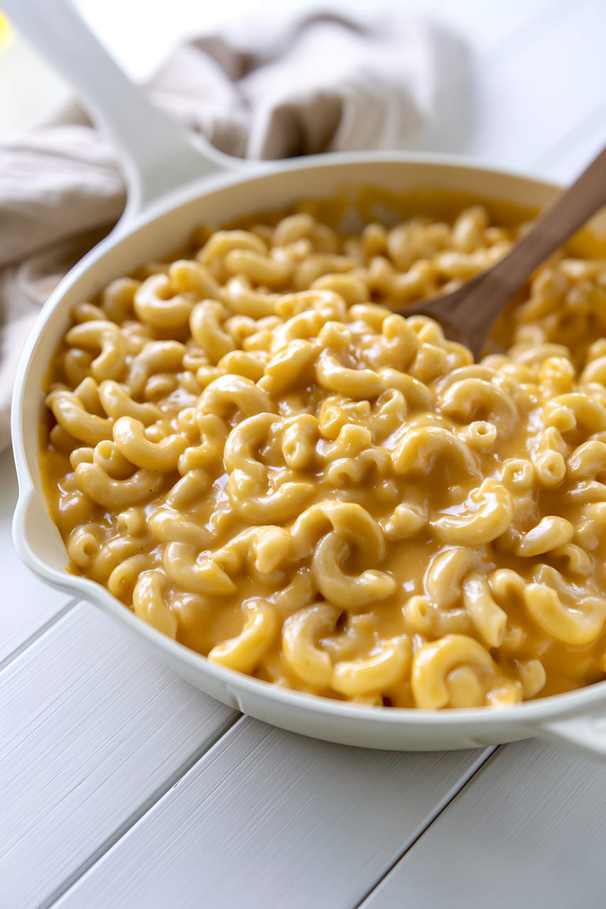Creamy elbow macaroni coated in glossy orange cheese sauce in a white serving dish, with a wooden spoon resting in the mac and cheese.