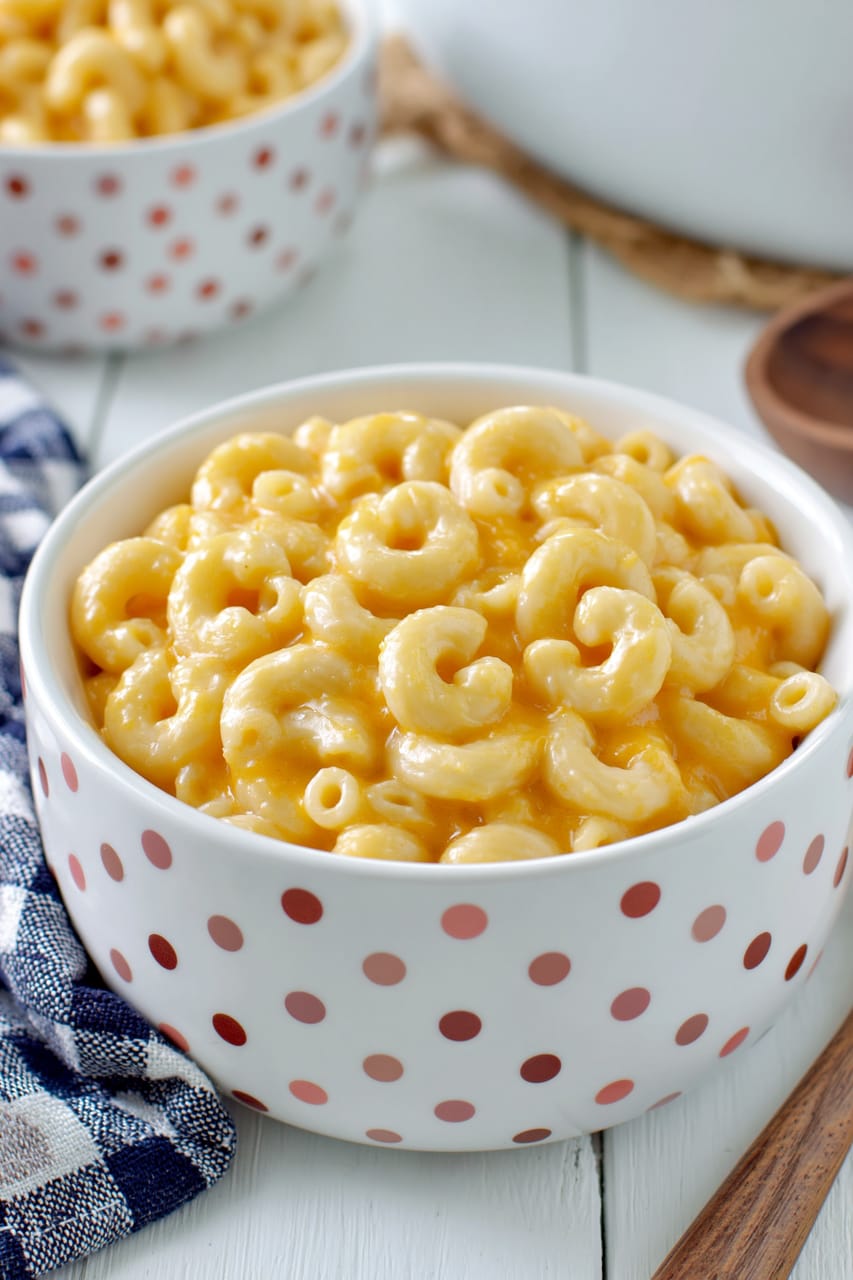 Close-up of creamy vegan mac and cheese in a white bowl with pink polka dots, the elbow pasta coated in a glossy orange cheese sauce. A second bowl is softly blurred in the background on a light table with a blue check cloth and wooden spoon nearby.