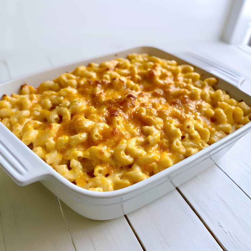 Baked macaroni and cheese in a white rectangular casserole dish, with elbow pasta coated in creamy cheese sauce and a golden, lightly browned cheddar topping.