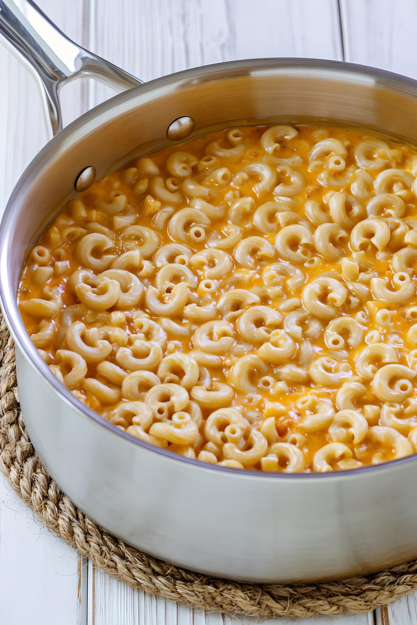 A stainless steel saucepan filled with elbow macaroni in a creamy orange spicy nacho cheese sauce, shown from above on a white wooden surface. The pasta is fully coated, with the glossy sauce and small red pepper flecks visible.
