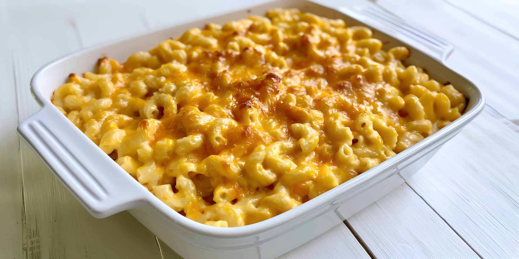 Baked macaroni and cheese in a white rectangular casserole dish, with elbow pasta coated in creamy cheese and a golden, lightly browned melted cheddar topping.