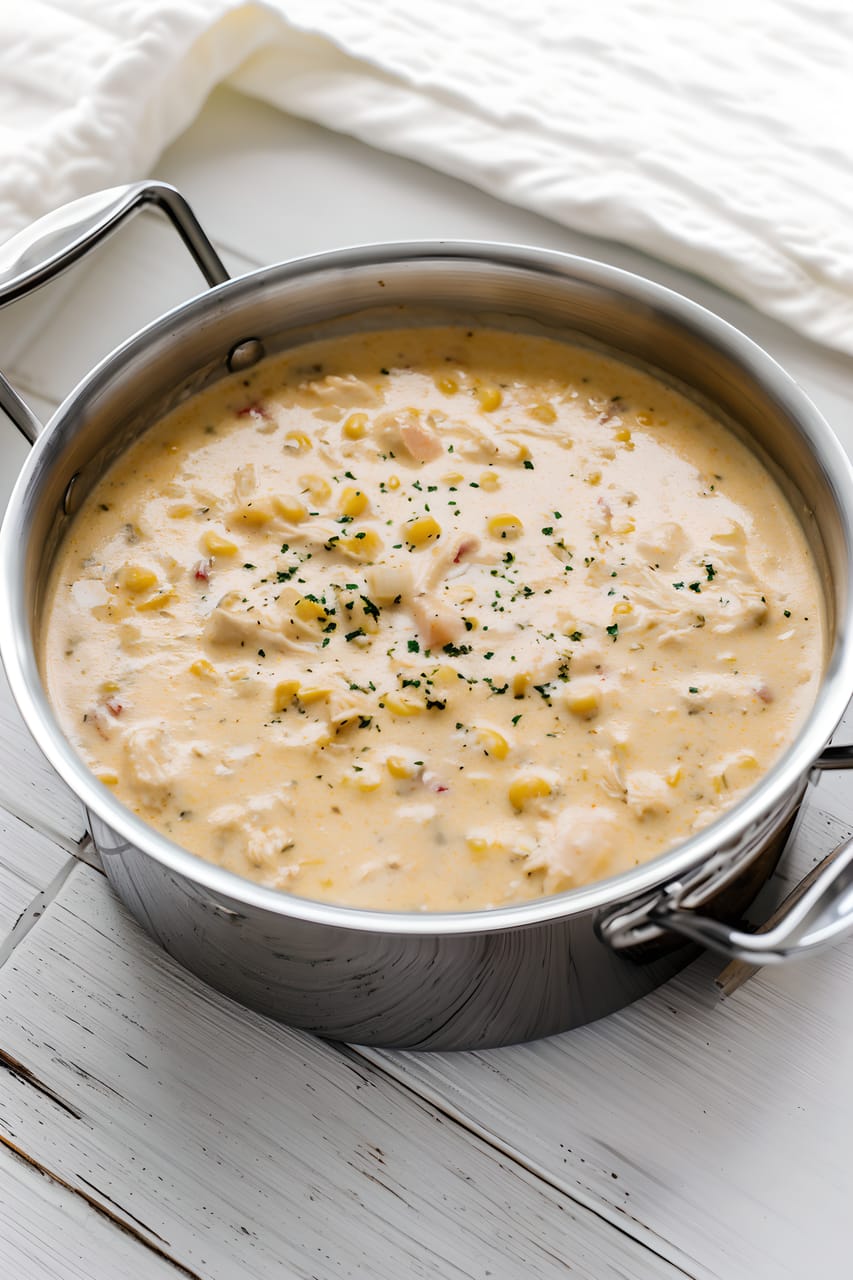 Creamy white chicken chili in a stainless steel pot on a white wooden surface, with shredded chicken, corn, white beans, and green herb flecks visible in the pale broth.
