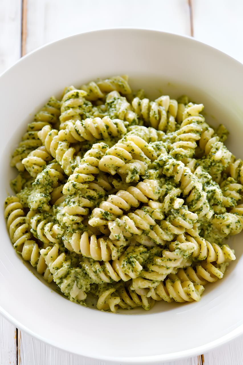 White bowl filled with rotini pasta coated in a creamy pale green spinach sauce, shown close up on a white wooden surface.