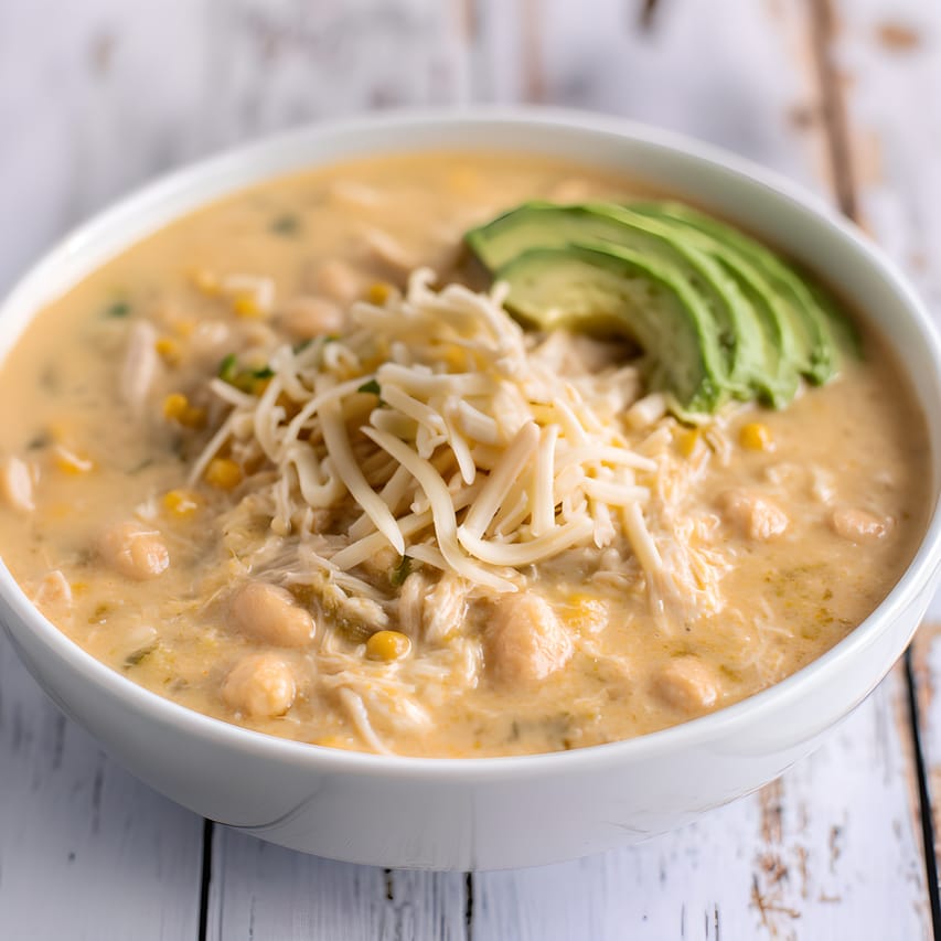 Bowl of creamy white chicken chili topped with shredded cheese and sliced avocado, with visible shredded chicken, cannellini beans, and corn in a pale golden broth.