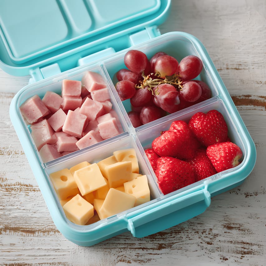 Open turquoise bento lunchbox with four compartments: diced ham, cubed mild cheddar, a small bunch of red grapes, and whole strawberries, arranged separately on a light wooden table.