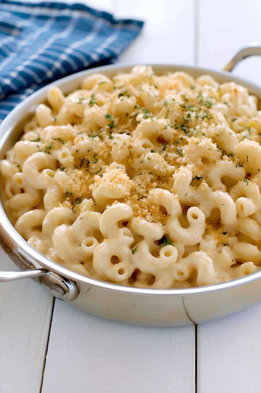 Creamy mac and cheese in a shallow silver skillet, topped with golden toasted breadcrumbs and a light sprinkle of green herbs, on a white tabletop.