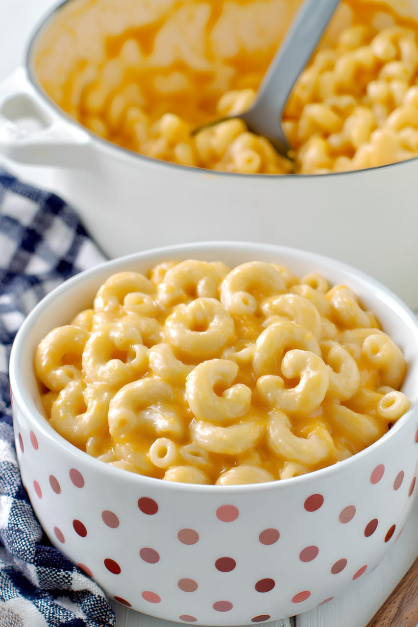 Bowl of creamy vegan mac and cheese made with elbow pasta, with a larger pot of more mac and cheese and a serving spoon blurred in the background.