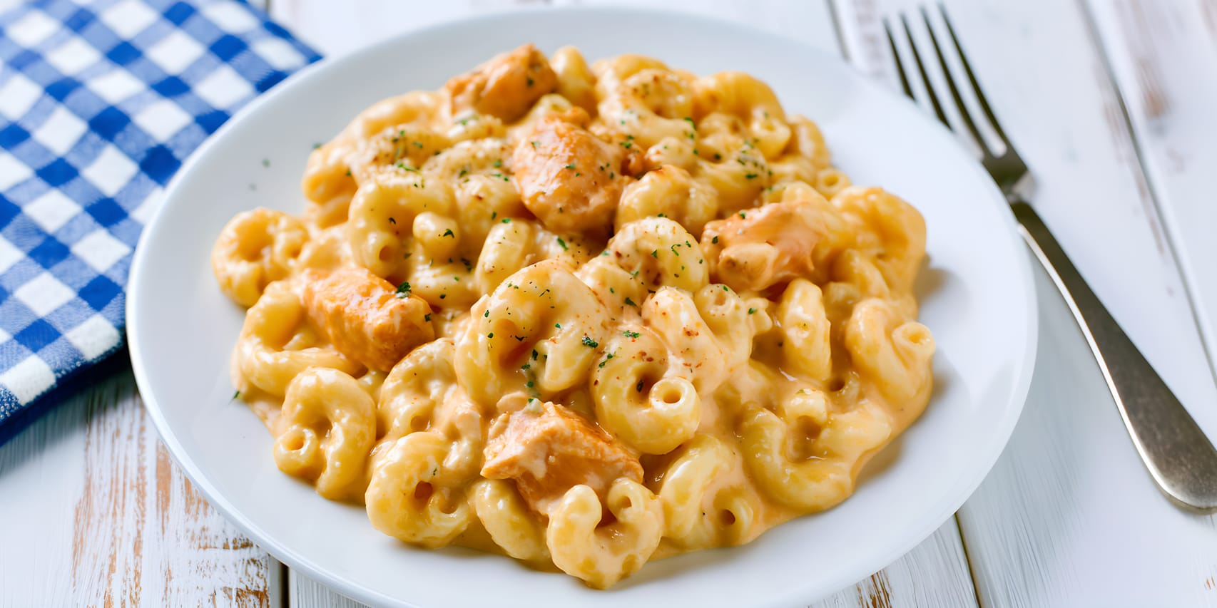 Plate of buffalo chicken mac and cheese, with elbow macaroni and bite-size chicken pieces coated in a creamy orange cheese sauce and sprinkled with herbs, served on a white plate beside a fork and blue checkered napkin.