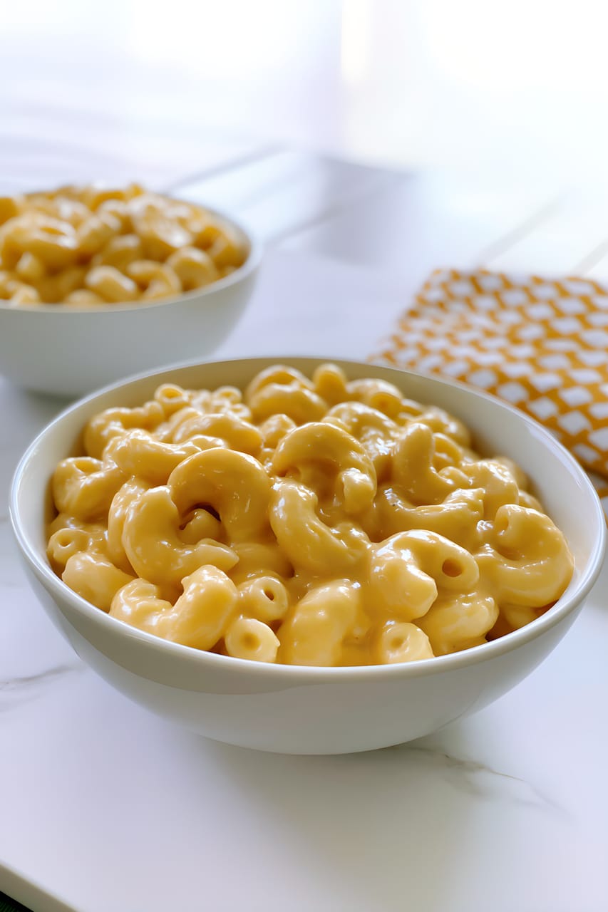 Two white bowls of creamy macaroni and cheese on a white tabletop, with the front bowl in sharp focus showing glossy elbow pasta coated in a thick golden cheese sauce; a second bowl and a yellow-and-white checkered napkin sit blurred in the background.