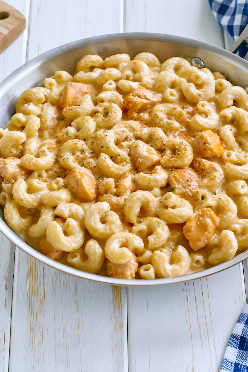 Skillet of buffalo chicken mac and cheese, with elbow pasta and bite-size chicken pieces coated in a creamy orange cheese sauce, lightly sprinkled with seasoning on a white wood surface.