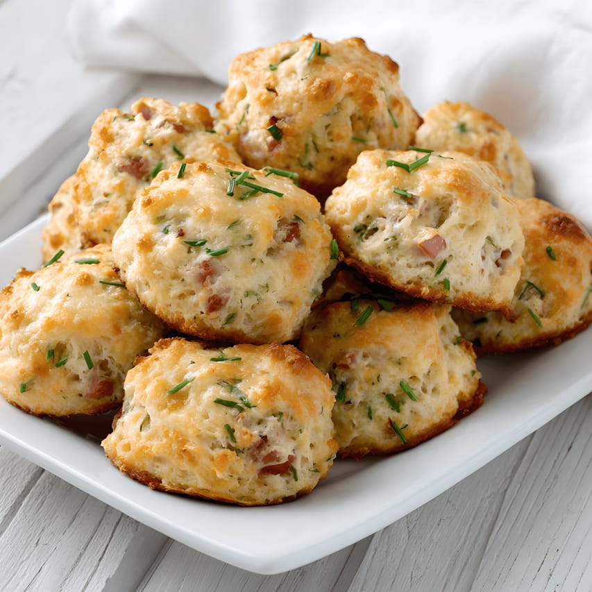 Pile of golden-brown ham and cheddar drop biscuits on a white plate, showing fluffy interiors with diced ham and chives, lightly garnished with chopped chives.