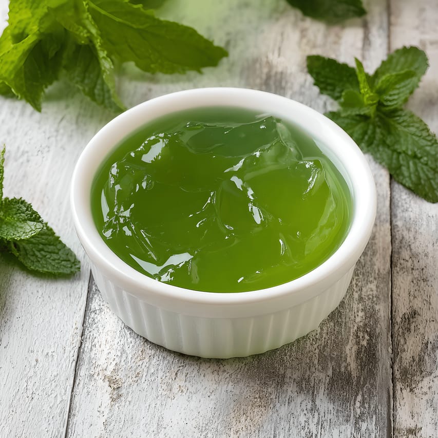 Close-up of a white ramekin filled with glossy, bright green mint jelly in soft set chunks, on a weathered gray wooden surface with fresh mint sprigs scattered around.