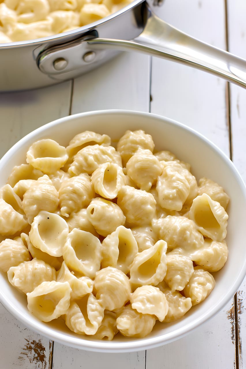 Bowl of white cheddar mac and cheese made with shell pasta, the ridged shells coated in a thick, creamy pale cheese sauce, with a stainless steel pan of more pasta in the background on a white wooden surface.