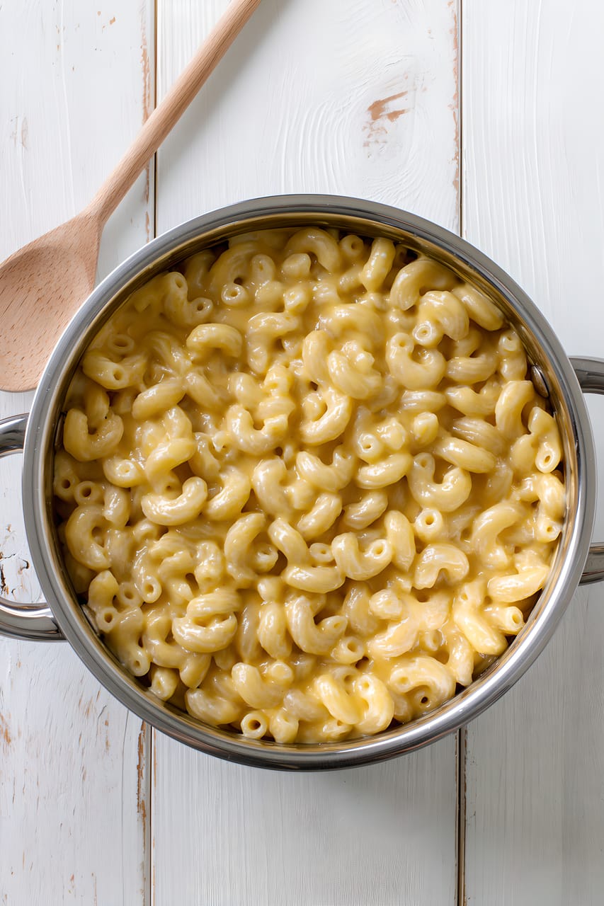 Overhead view of creamy macaroni and cheese in a stainless steel pot on a white wooden surface, with a wooden spoon beside it. The elbow pasta is evenly coated in a smooth, glossy cheese sauce.