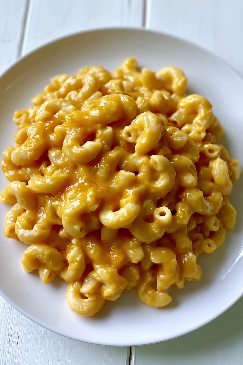 Close-up of a serving of baked macaroni and cheese on a white plate, with elbow pasta coated in a thick, glossy orange cheese sauce and no visible breadcrumb topping.