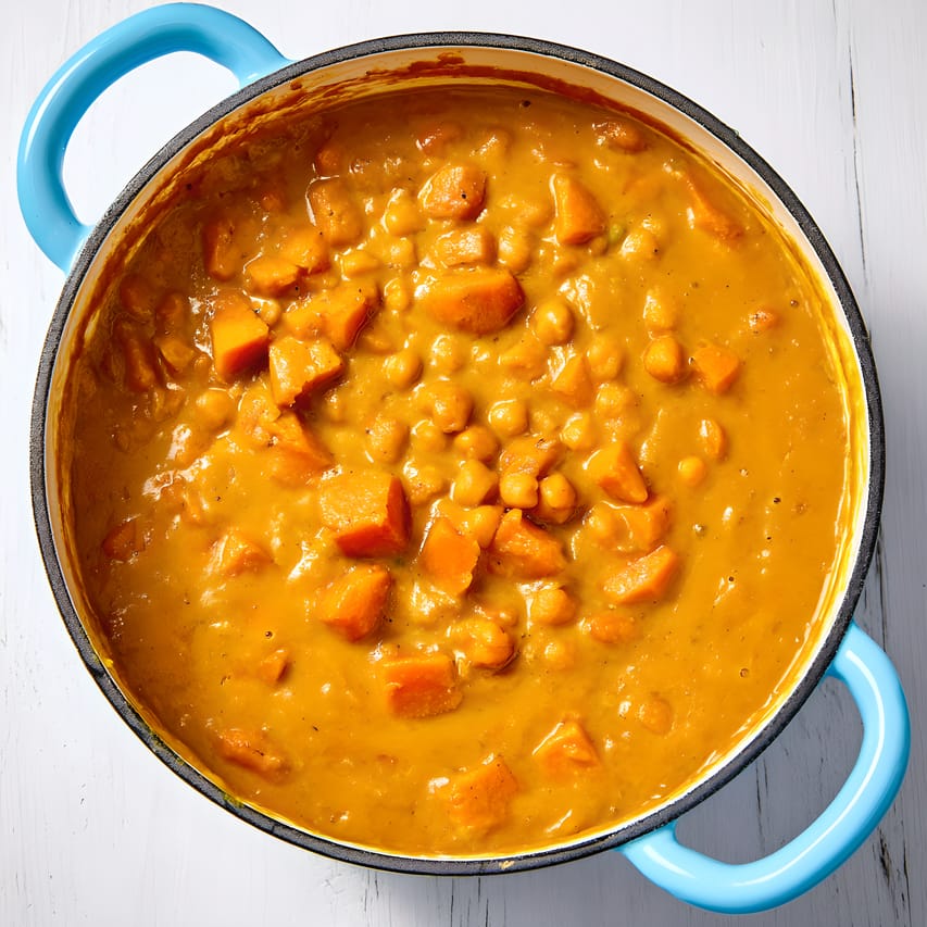 Overhead view of a blue-handled Dutch oven filled with vegan sweet potato and chickpea curry. The curry is thick and creamy orange-gold, with visible chunks of sweet potato and whole chickpeas, sitting on a white wooden surface.