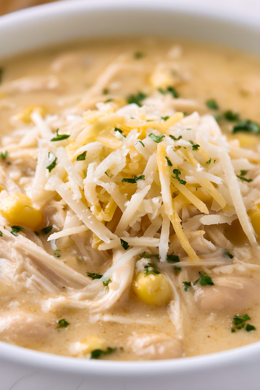 Close-up of creamy white chicken chili in a white bowl, with shredded chicken, cannellini beans, and corn visible in the pale broth. The chili is topped with a mound of shredded cheese and scattered chopped herbs.