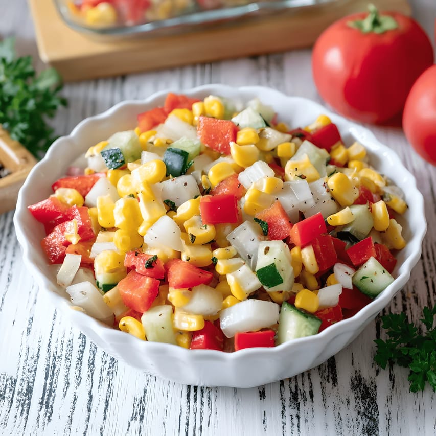White scalloped bowl filled with corn salad made of yellow corn kernels, diced red bell pepper, cucumber, and white onion, lightly dressed and speckled with herbs, on a rustic white wooden table with tomatoes and parsley in the background.