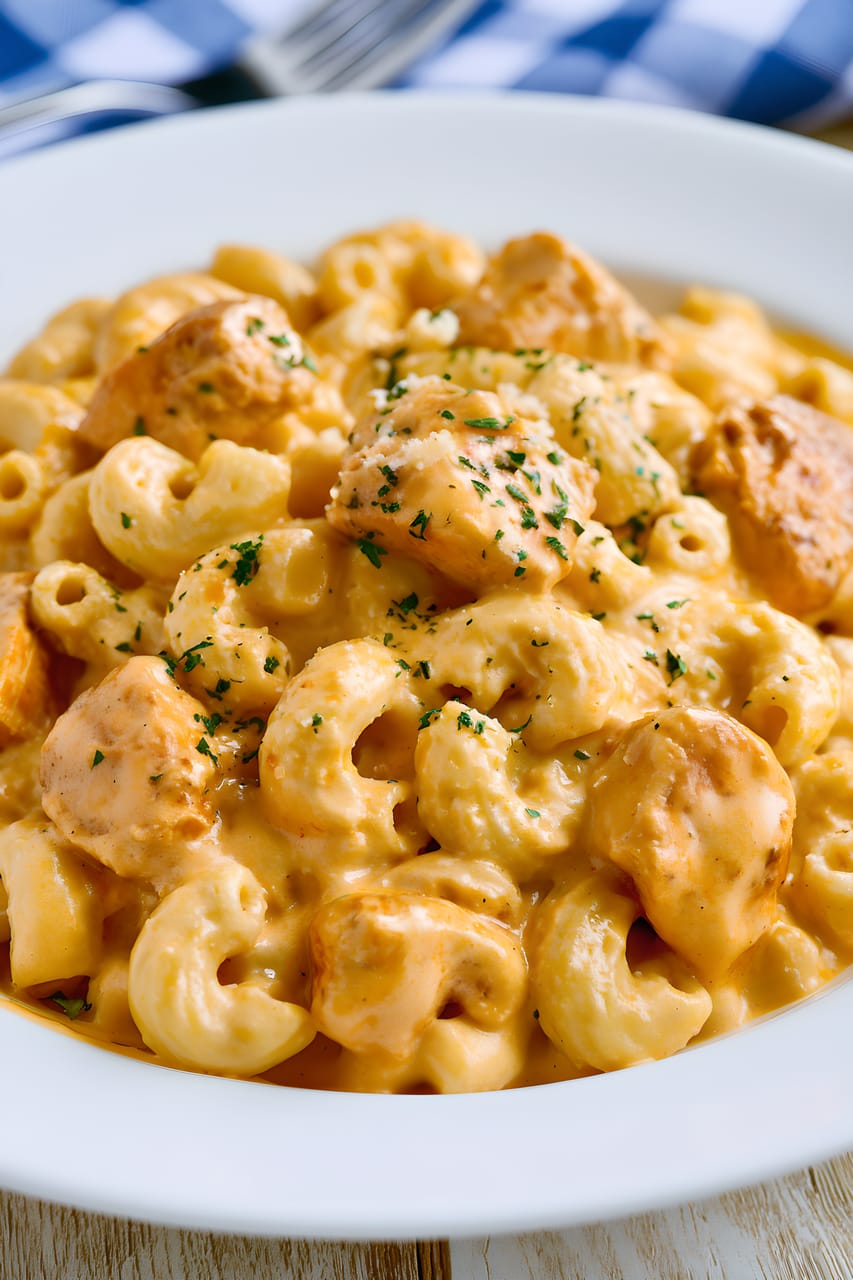 Close-up of buffalo chicken mac and cheese in a white bowl, with elbow macaroni and bite-size chicken pieces coated in a creamy orange cheese sauce and sprinkled with chopped herbs.