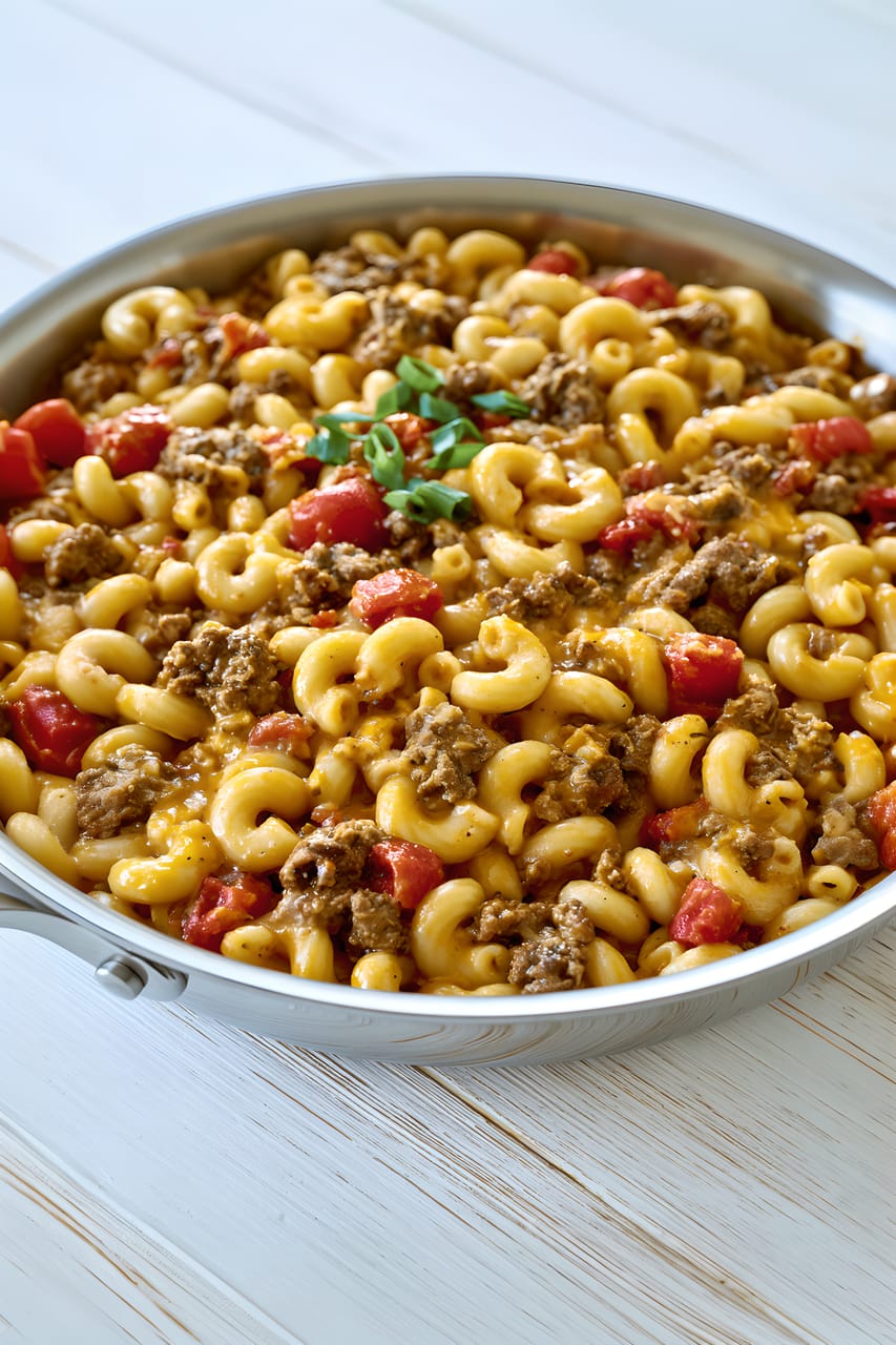 Skillet of taco mac and cheese made with elbow macaroni, browned ground beef, and diced tomatoes in a creamy orange cheese sauce, topped with a small sprinkle of sliced green onions.