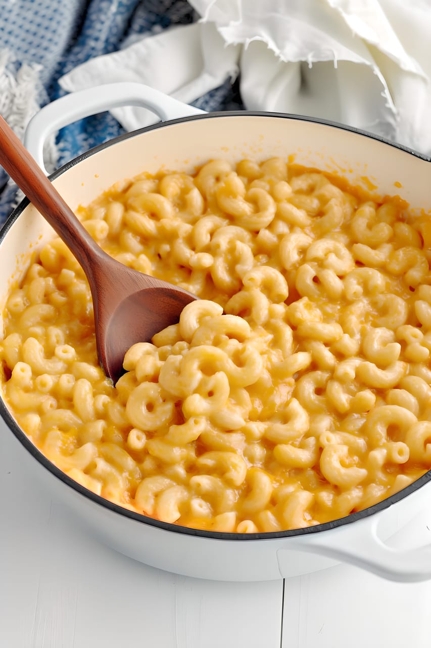 Creamy vegan mac and cheese in a white pot, with glossy elbow pasta coated in rich orange sauce and a wooden spoon scooping up a serving.