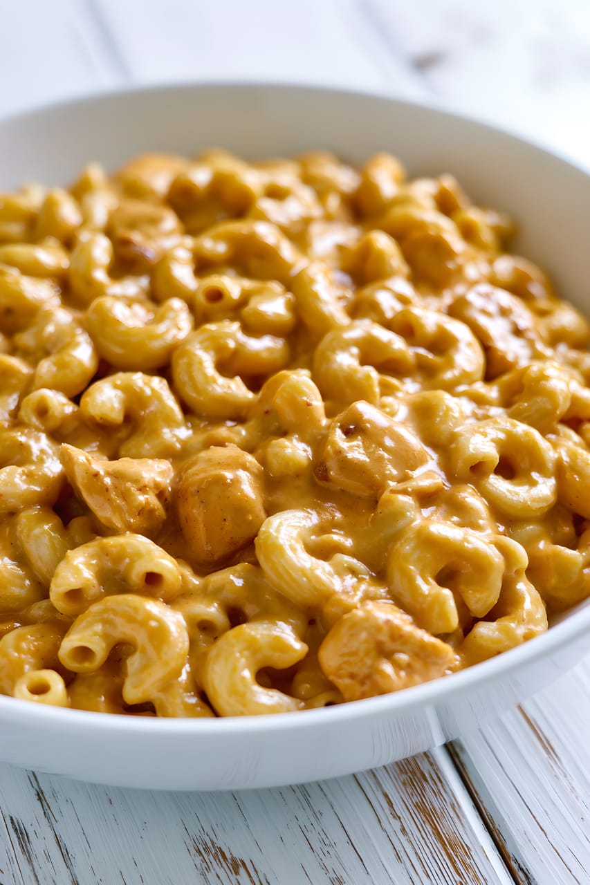 Close-up of creamy chipotle chicken mac and cheese in a white bowl, with elbow macaroni and bite-size chicken pieces coated in a glossy orange cheese sauce on a white wooden surface.