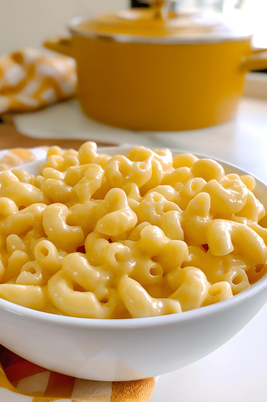 Close-up of a white bowl filled with creamy stovetop macaroni and cheese, with glossy elbow pasta coated in a smooth yellow cheese sauce. A mustard-yellow Dutch oven is softly blurred in the background on a bright kitchen counter.