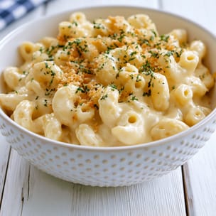 Close-up of a white bowl filled with creamy macaroni and cheese, the pasta coated in a thick pale-gold cheese sauce and topped with toasted breadcrumbs and a sprinkle of chopped parsley.