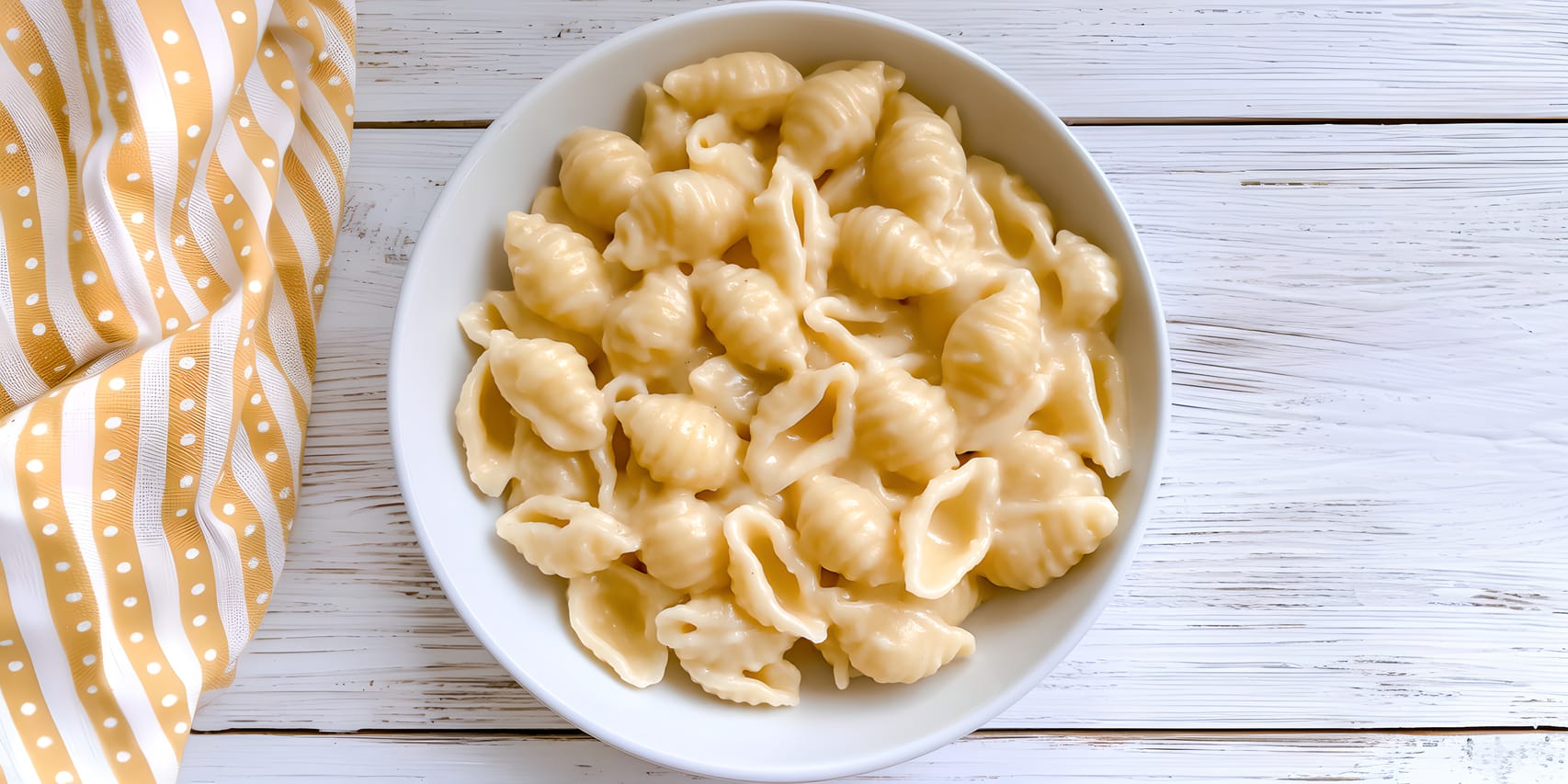 Overhead view of a white bowl filled with creamy white cheddar mac and cheese made with shell pasta, set on a white wooden surface beside a yellow striped polka-dot cloth.