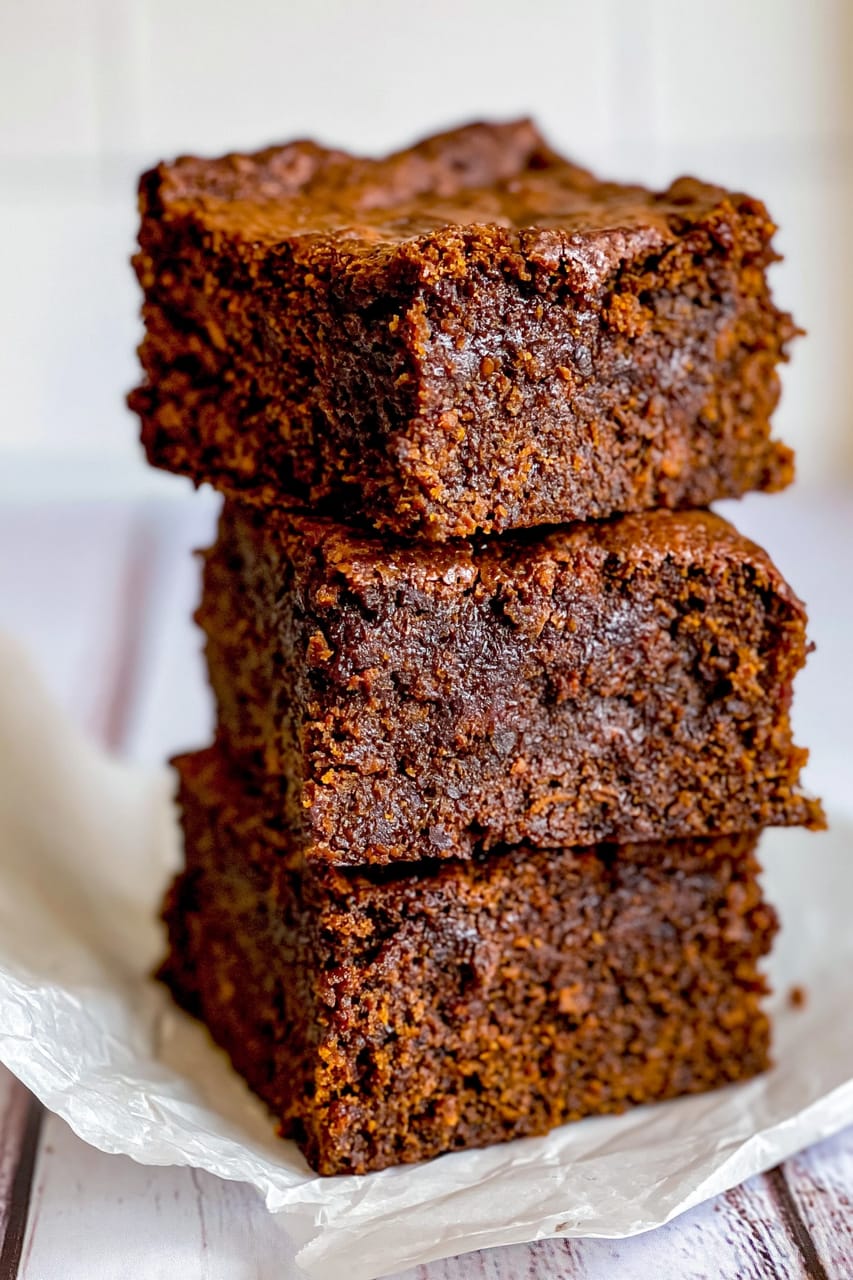 Close-up of three thick sweet potato brownie squares stacked on parchment paper, showing a crackly top and dense, fudgy chocolate interior.