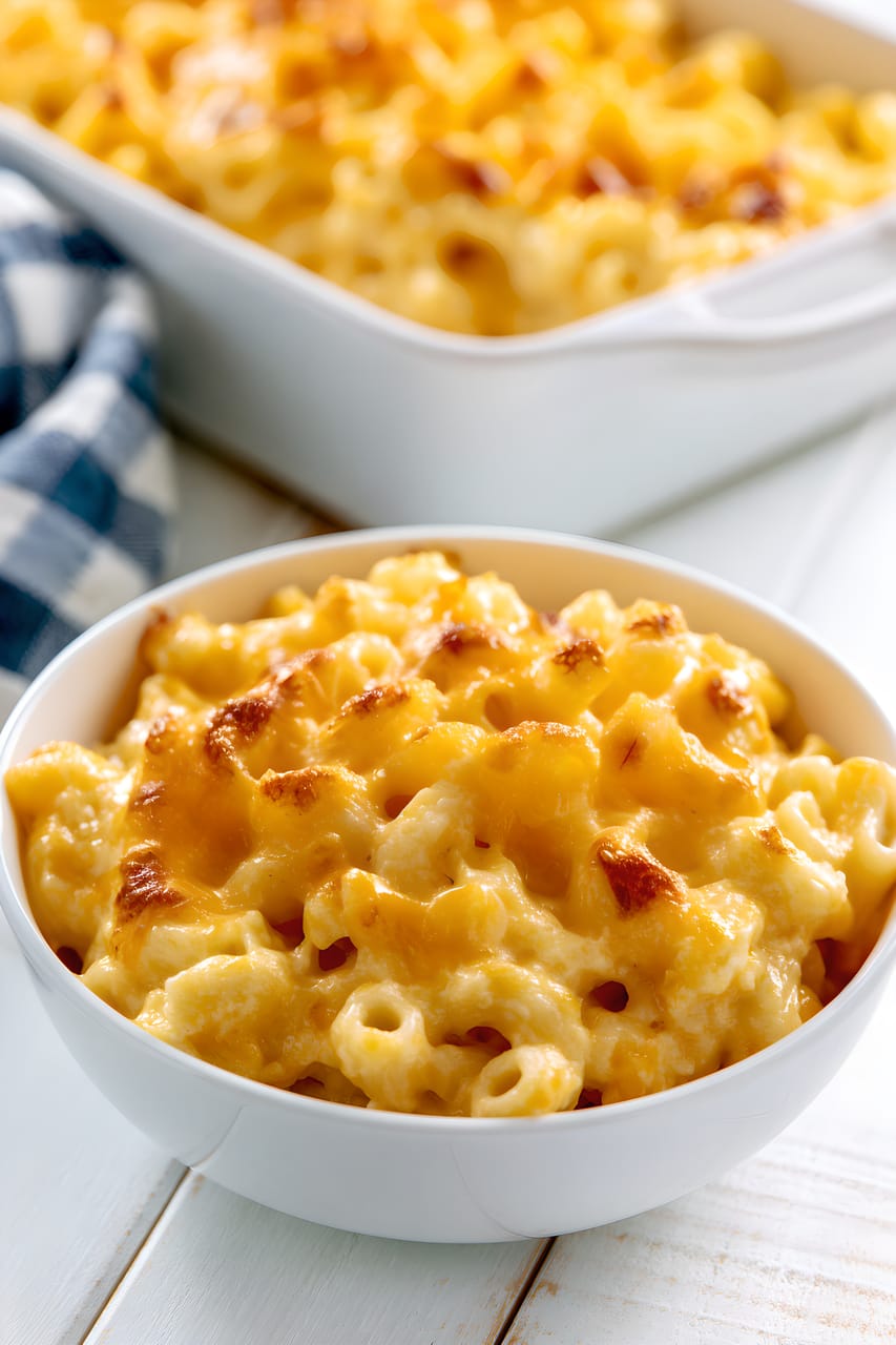 Bowl of Southern baked macaroni and cheese with a creamy, rich sauce and browned cheesy top, set on a white table. A white casserole dish of more mac and cheese sits softly blurred in the background beside a blue-and-white checkered cloth.