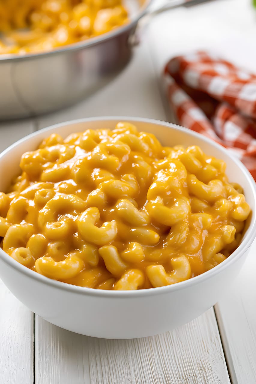 Bowl of spicy nacho cheese mac and cheese, with elbow macaroni coated in a thick, glossy orange cheese sauce on a white tabletop; a larger serving bowl and red-and-white checkered cloth sit blurred in the background.