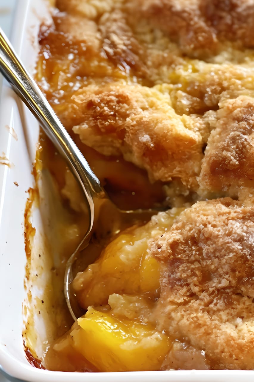 Close-up of baked peach cobbler in a white casserole dish, with a spoon scooping into glossy peach filling beneath a golden-brown, crumbly biscuit-like topping.