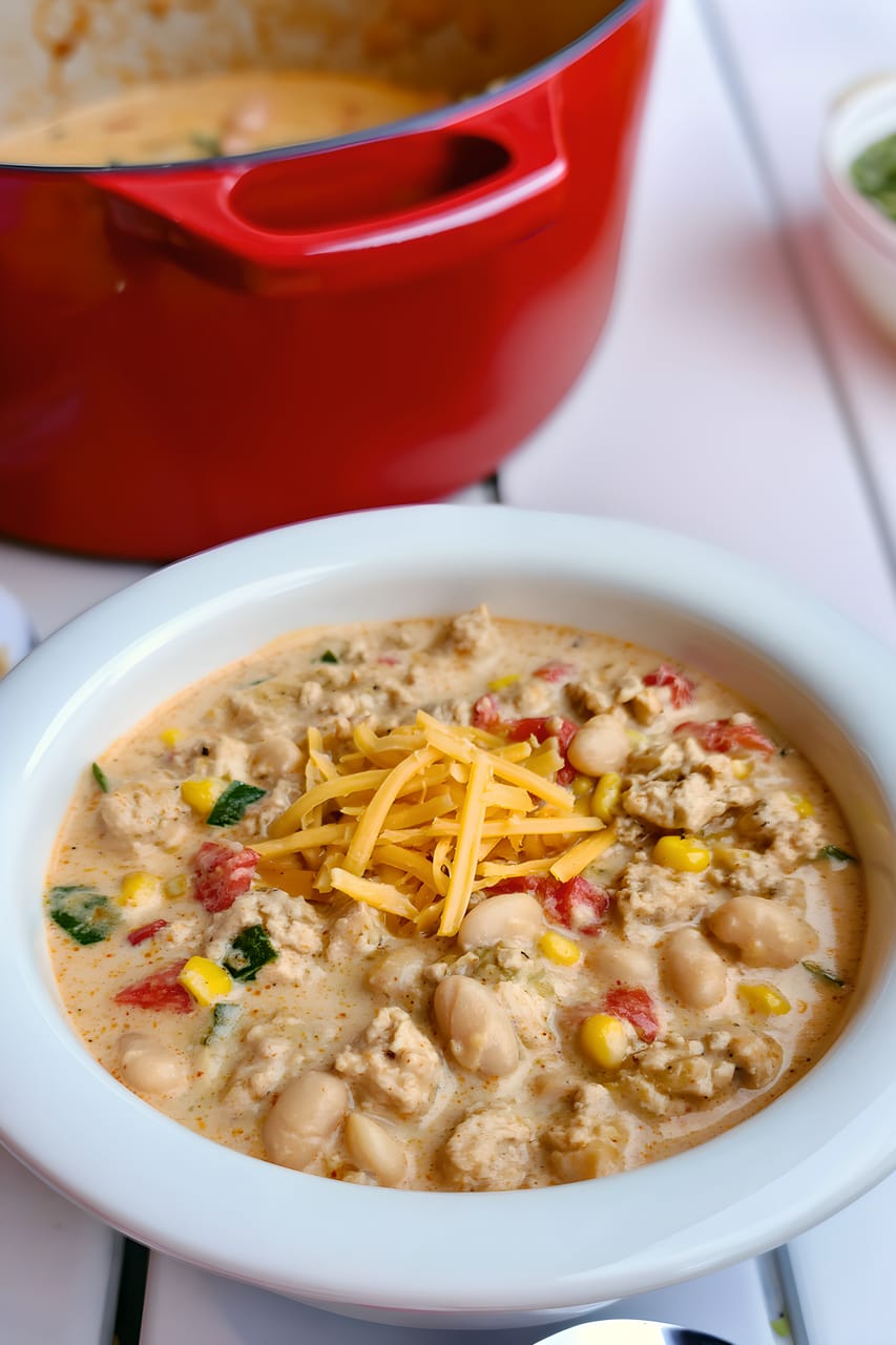 Bowl of creamy white ground-chicken chili topped with shredded cheese, with visible white beans, corn, and diced tomatoes in the broth; a red Dutch oven sits blurred in the background.