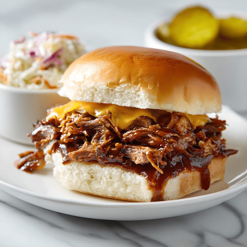 BBQ brisket sandwich on a brioche bun, piled with shredded brisket in glossy sauce and melted cheddar, on a white plate with bowls of coleslaw and pickles blurred in the background.