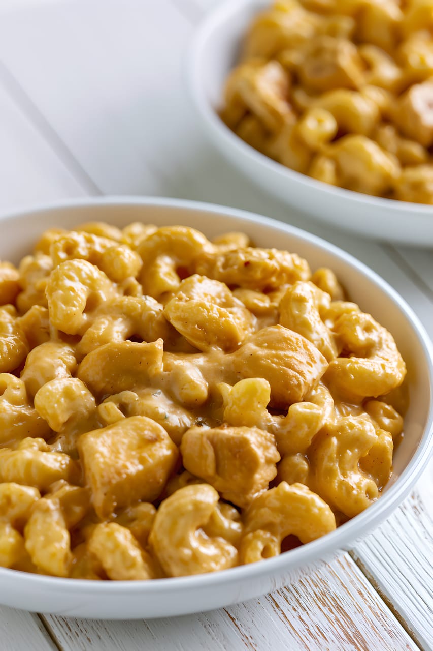 Two white bowls of creamy chipotle chicken mac and cheese on a white wooden surface, with the front bowl in focus. Elbow macaroni and bite-size chicken pieces are coated in a thick orange cheese sauce with a glossy, slightly spicy-looking finish.
