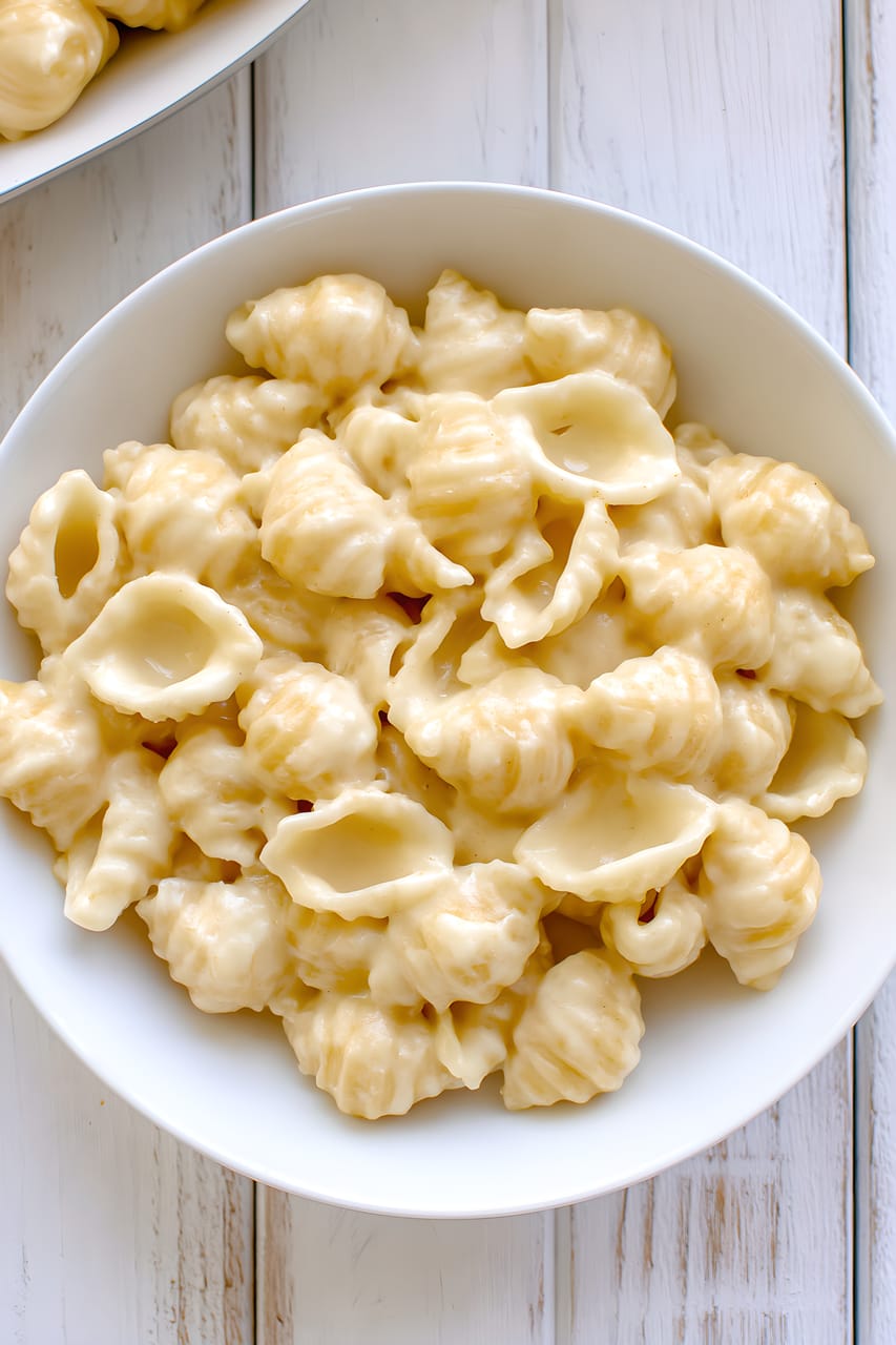 Overhead close-up of white cheddar mac and cheese made with shell pasta, served in a white bowl on a whitewashed wood surface. The pasta is coated in a thick, glossy pale cheese sauce.