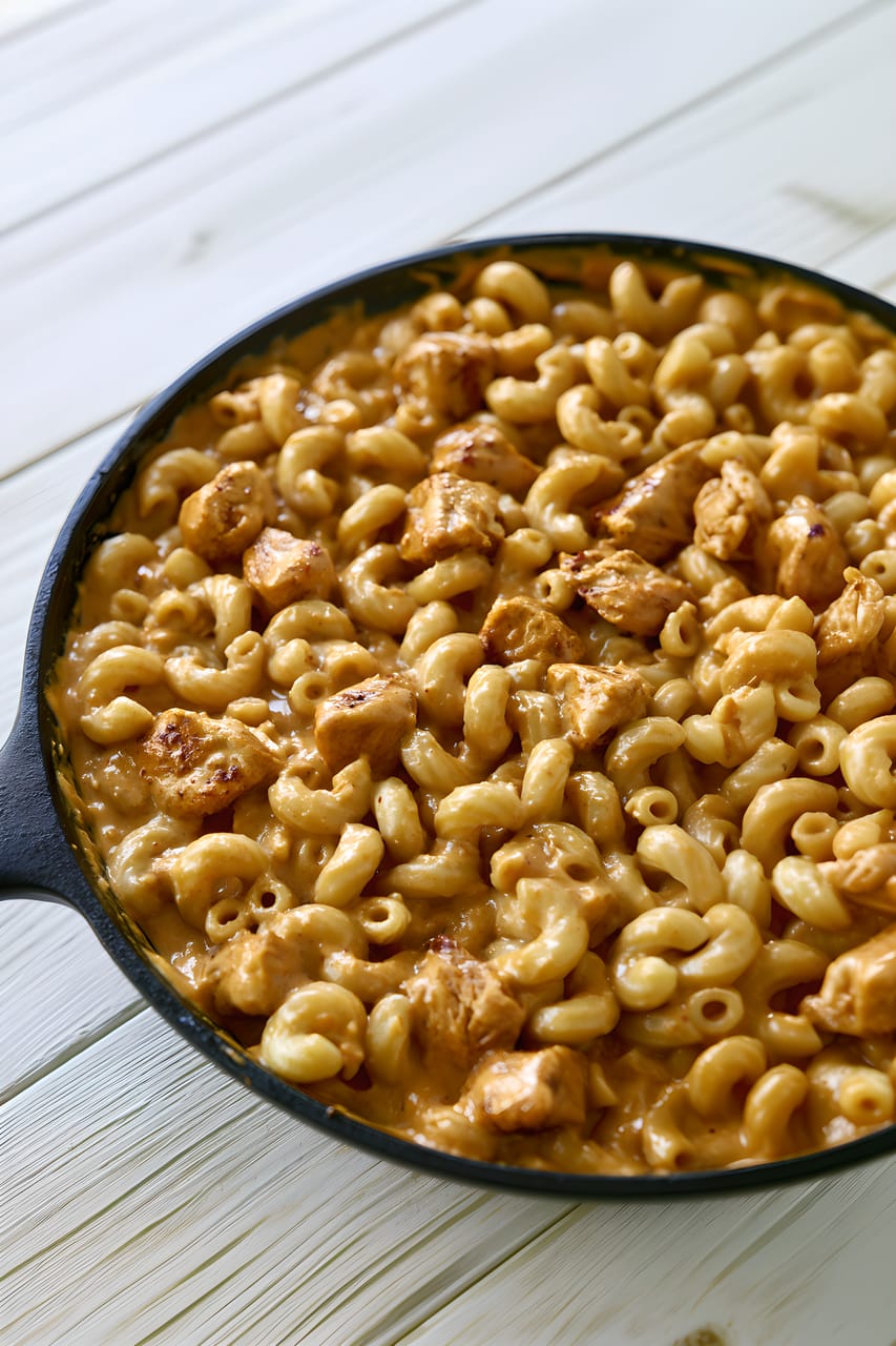 Creamy chipotle chicken mac and cheese in a black skillet, with elbow macaroni and browned chicken pieces coated in a thick orange cheese sauce on a white wood surface.