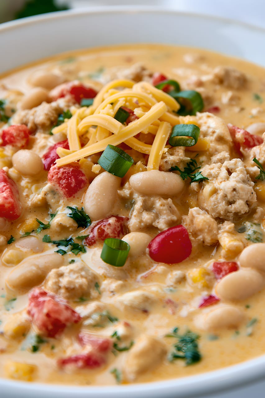 Close-up of creamy white ground-chicken chili in a white bowl, filled with white beans, corn, and diced tomatoes, and topped with shredded cheese, sliced green onions, and chopped cilantro.
