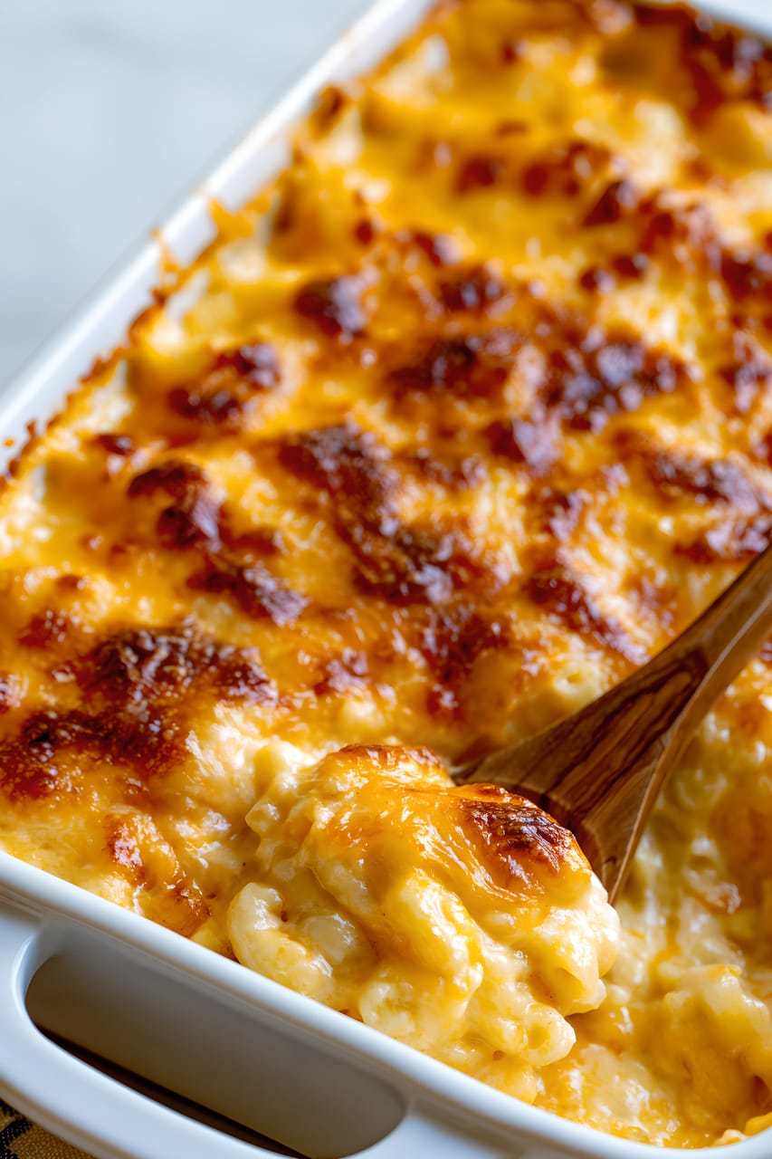 Close-up of baked southern mac and cheese in a white casserole dish, with a wooden spoon lifting a creamy scoop. The top is glossy and golden with dark browned spots from broiling.
