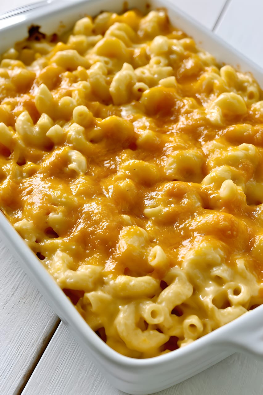 Close-up of baked macaroni and cheese in a white rectangular casserole dish, with elbow pasta coated in a creamy cheese sauce and a glossy golden cheddar topping lightly browned in spots.